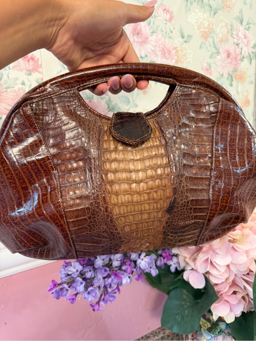 Vintage Brown Crocodile-Embossed Leather Handbag - Women's Bag